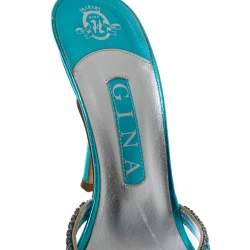 Pre Owned صندل سلايد جينا مزخرف كريستال كعب عالي أزرق مقاس 38