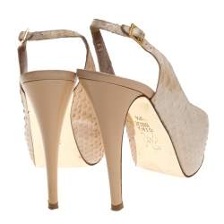 Pre Owned Gina Cream Python Embossed Leather Peep Toe Blake Platform Slingback Sandals Size 36.5