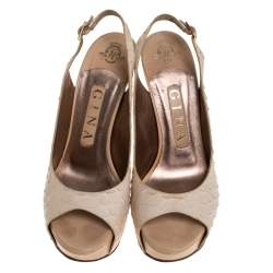 Pre Owned Gina Cream Python Embossed Leather Peep Toe Blake Platform Slingback Sandals Size 36.5