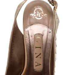 Pre Owned Gina Cream Python Embossed Leather Peep Toe Blake Platform Slingback Sandals Size 36.5