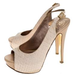 Pre Owned Gina Cream Python Embossed Leather Peep Toe Blake Platform Slingback Sandals Size 36.5