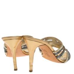 Pre Owned صندل جين ا مقدمة مفتوحة زخرفة كريستال جلد ذهبى مقاس 40