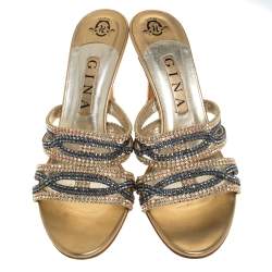 Pre Owned صندل جينا مقدمة مفتوحة زخرفة كريستال جلد ذهبى مقاس 40