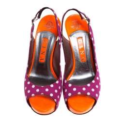 Gina Purple/Orange Polka Dot Fabric And Patent Open Toe Slingback Sandals Size 38