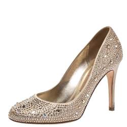 Pre Owned حذاء كعب عالي جينا مزخرف كريستال ساتان بيج مقاس 39