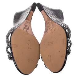 Pre Owned صندل جينا سيراكوز جلد لامع منقوش جلد تمساح أسود كعب روكي مقاس 39