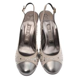 Gina Metallic Silver Satin and Leather Crystal Embellished Slingback Sandals Size 37.5 