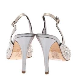 Gina Metallic Silver Satin and Leather Crystal Embellished Slingback Sandals Size 37.5 