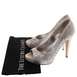 Pre Owned Gina Grey Satin Crystal Embellished Peep Toe Platform Pumps Size 38.5