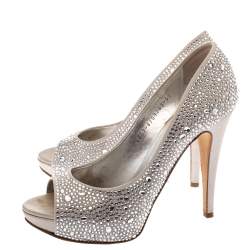 Pre Owned Gina Grey Satin Crystal Embellished Peep Toe Platform Pumps Size 38.5