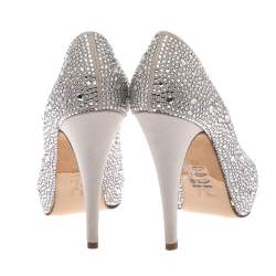 Pre Owned Gina Grey Satin Crystal Embellished Peep Toe Platform Pumps Size 38.5