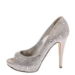 Pre Owned Gina Grey Satin Crystal Embellished Peep Toe Platform Pumps Size 38.5