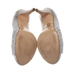 Pre Owned Gina Grey Satin Crystal Embellished Peep Toe Platform Pumps Size 38.5