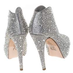 Pre Owned Gina Grey Satin Crystal Embellished Calamity Boots Size 37.5