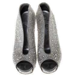 Pre Owned Gina Grey Satin Crystal Embellished Calamity Boots Size 37.5