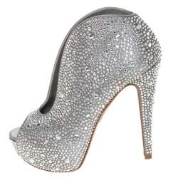 Pre Owned Gina Grey Satin Crystal Embellished Calamity Boots Size 37.5