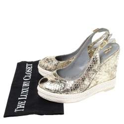 Pre Owned Gina Metallic Gold Python Leather Wedge Espadrille Platform Slingback Sandals Size 36.5