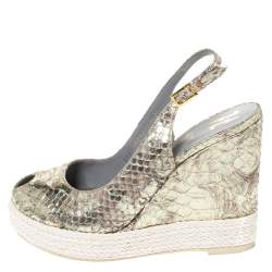 Pre Owned Gina Metallic Gold Python Leather Wedge Espadrille Platform Slingback Sandals Size 36.5