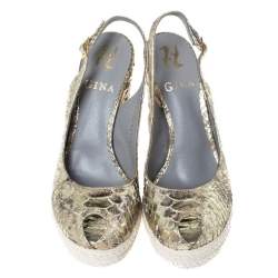 Pre Owned Gina Metallic Gold Python Leather Wedge Espadrille Platform Slingback Sandals Size 36.5
