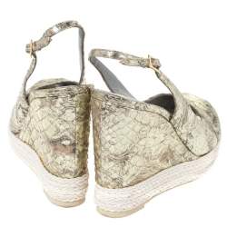 Pre Owned Gina Metallic Gold Python Leather Wedge Espadrille Platform Slingback Sandals Size 36.5