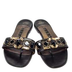 Gina Black Leather Crystal Embellished Flat Slides Size 39