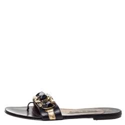 Gina Black Leather Crystal Embellished Flat Slides Size 39