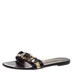 Gina Black Leather Crystal Embellished Flat Slides Size 39