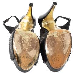 Pre Owned Gina Black Python Embossed Leather Peep Toe Platform Slingback Sandals Size 38.5