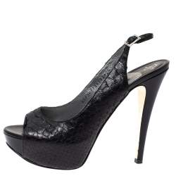 Pre Owned Gina Black Python Embossed Leather Peep Toe Platform Slingback Sandals Size 38.5
