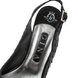 Pre Owned Gina Black Python Embossed Leather Peep Toe Platform Slingback Sandals Size 38.5