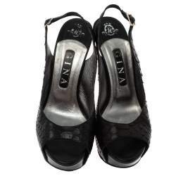 Pre Owned Gina Black Python Embossed Leather Peep Toe Platform Slingback Sandals Size 38.5