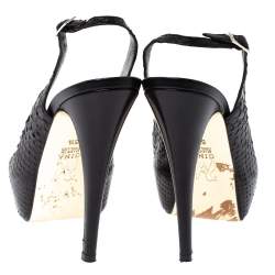 Pre Owned Gina Black Python Embossed Leather Peep Toe Platform Slingback Sandals Size 38.5