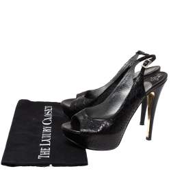 Pre Owned Gina Black Python Embossed Leather Peep Toe Platform Slingback Sandals Size 38.5