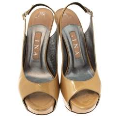 Gina Beige Patent Peep Toe Platform Slingback Sandals Size 38