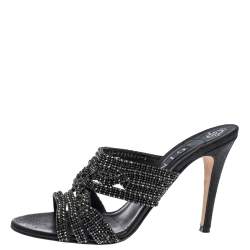 مملوكة مسبقًا Gina Black Crystal Embellished Leather Slide Sandals Size 41