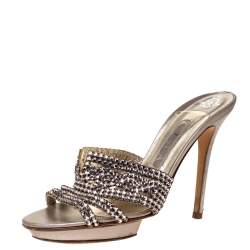 مملوكة مسبقًا صندل جينا نعل سميك جلد مزخرف بكريستال بنفسجي فاتح ميتاليك مقاس 39