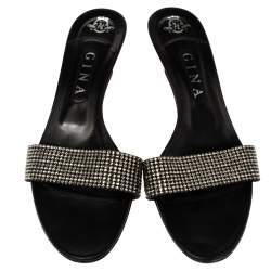 Pre Owned Gina Black Crystal Embellished Leather Kitten Heel Sandals Size 41