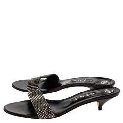 Pre Owned Gina Black Crystal Embellished Leather Kitten Heel Sandals Size 41