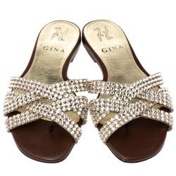 Pre Owned Gina Brown Crystal Embellished Leather Criss Cross Flats Size 36