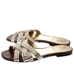 Pre Owned Gina Brown Crystal Embellished Leather Criss Cross Flats Size 36
