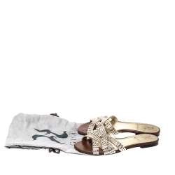 Pre Owned Gina Brown Crystal Embellished Leather Criss Cross Flats Size 36