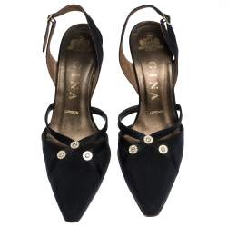 Pre Owned Gina Black Satin Embellished Pointed Toe Slingback Sandals Size 36.5