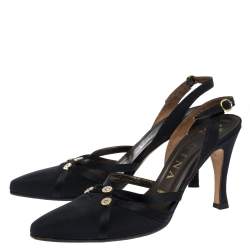 Pre Owned Gina Black Satin Embellished Pointed Toe Slingback Sandals Size 36.5