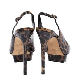 Pre Owned Gina Brown/Black Leopard Print Leather Peep Toe Platform Slingback Sandals Size 37