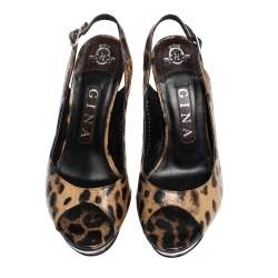 Pre Owned Gina Brown/Black Leopard Print Leather Peep Toe Platform Slingback Sandals Size 37