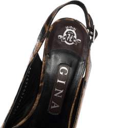 Pre Owned Gina Brown/Black Leopard Print Leather Peep Toe Platform Slingback Sandals Size 37