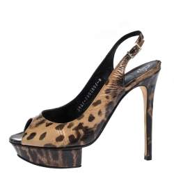 Pre Owned Gina Brown/Black Leopard Print Leather Peep Toe Platform Slingback Sandals Size 37