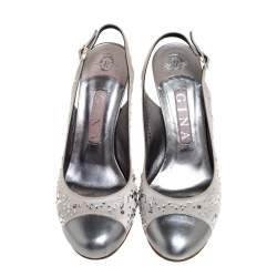 Pre Owned Gina Metallic Silver Satin and Leather Crystal Embellished Slingback Sandals Size 38.5