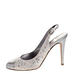 Pre Owned Gina Metallic Silver Satin and Leather Crystal Embellished Slingback Sandals Size 38.5