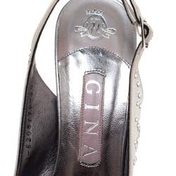 Pre Owned Gina Metallic Silver Satin and Leather Crystal Embellished Slingback Sandals Size 38.5
